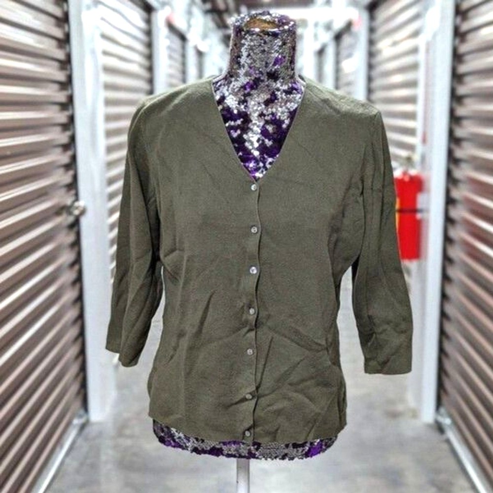 Minimalist Office Petite Sophisticate Cotton Olive Green Sweater Cardigan M